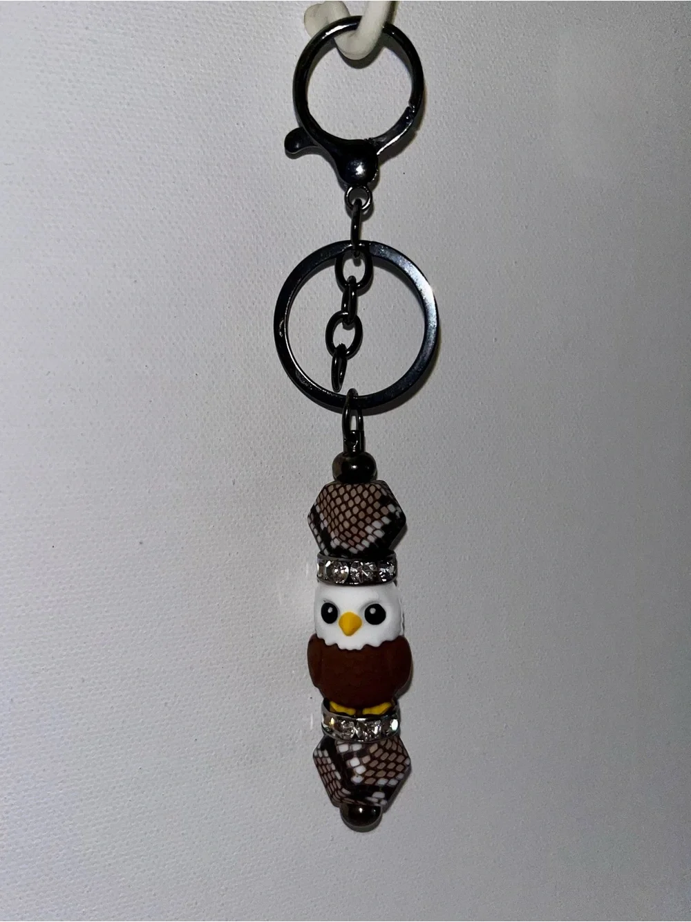Cute American Eagle Keychain w/Brown/White/Black Camouflage & Rhinestone-Accents